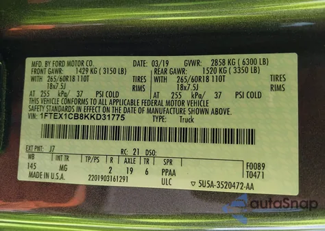 2019 Ford F-150 Xlt из США, поврежденный, VIN 1FTEX1CB8KKD31775